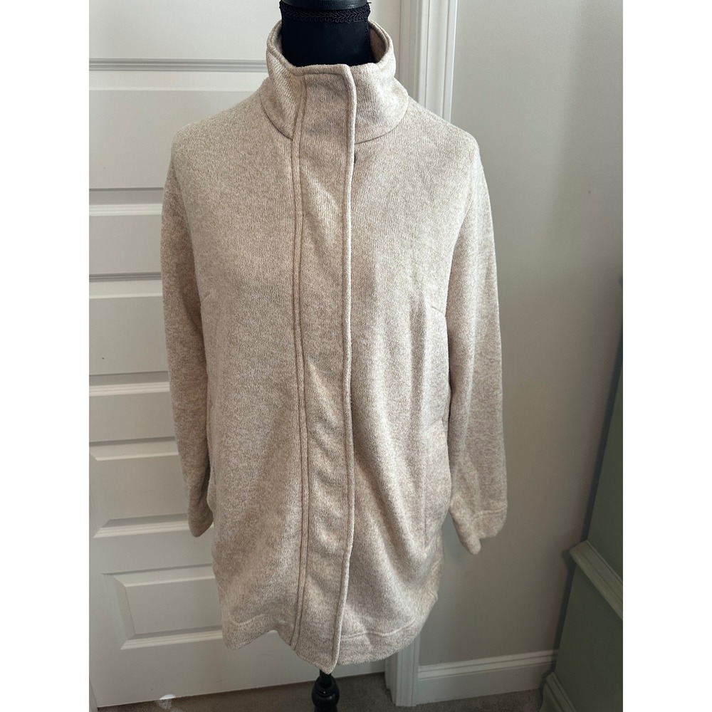 Lands' End tan zip snap‎ fleece winter jacket coat-LP petite oatmeal